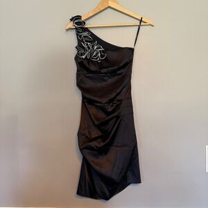 B. Darlin Y2K Black One Shoulder Rosette Ruched Satin Cocktail Dress Size 3/4